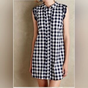Anthropologie Dear Creatures Blue Gingham Button Down Ruffle Sleeve Dress  XS